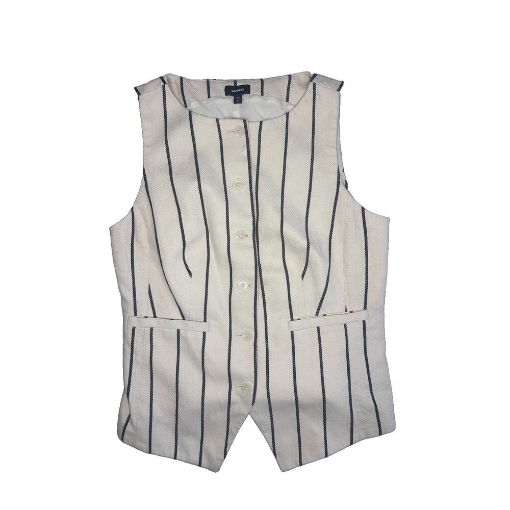 Womens Express Striped Vest Button Front Sz Medium 100% Cotton